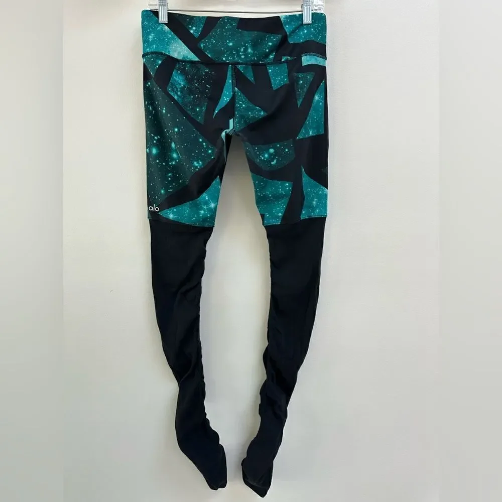 Alo Yoga Goddess Galaxy Print Ribbed Leggings M | Green Space Stirrup Yoga Pants